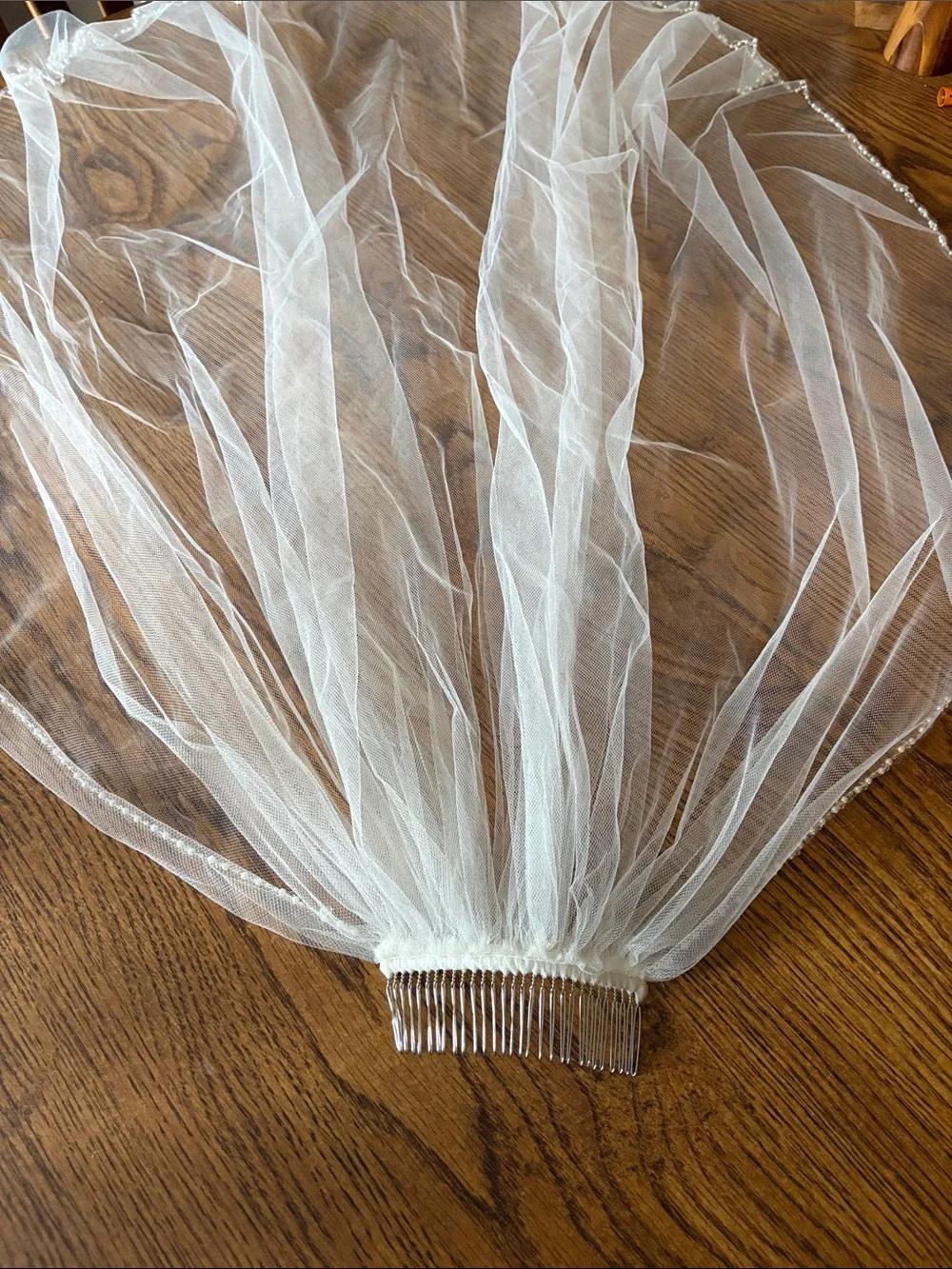 Classic Sheer Bridal Veil with Comb and Beaded edge- Ivory